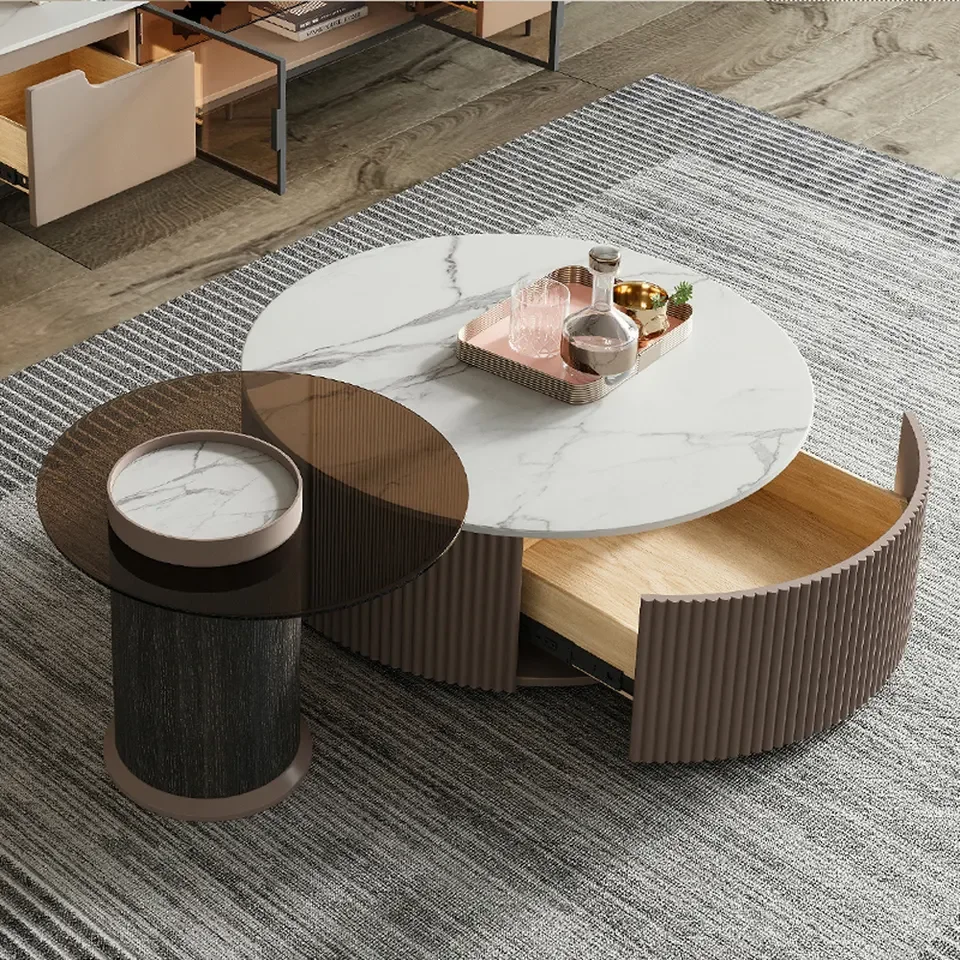 ATUNUS Living room furniture rock plate stainless steel round coffee table light luxury design for large and small families