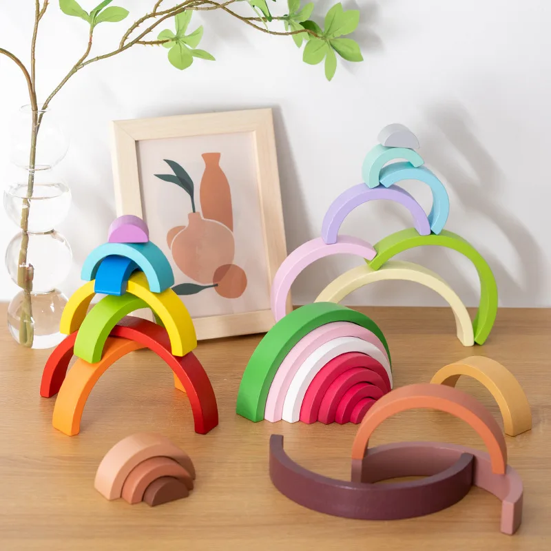 New wood color cognitive toys children early education Rainbow tower wooden Stacking educational toys for kids gifts