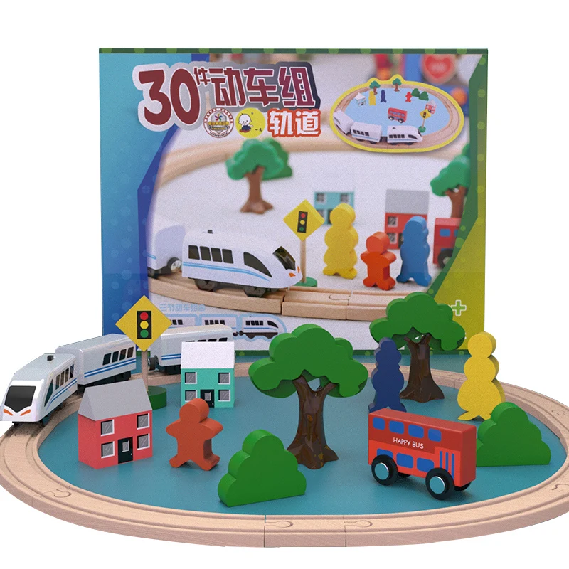 High quality wooden train track assembly set toy wood shed model with DIY