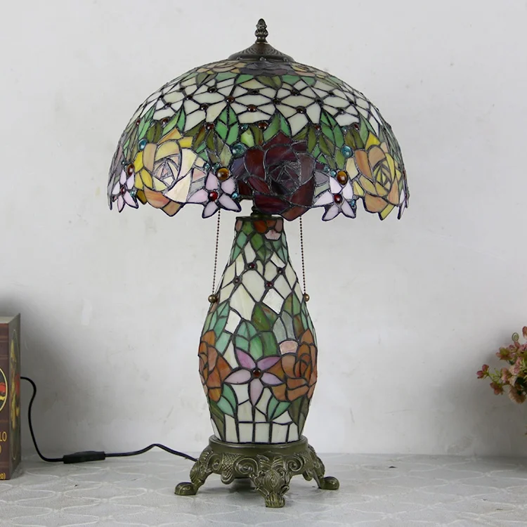 LongHuiJing Tiffany Style Table Lamp Rose Stained Glass Lampshade Desk Lights With Lighted Base 16Inch W x 25Inch Height