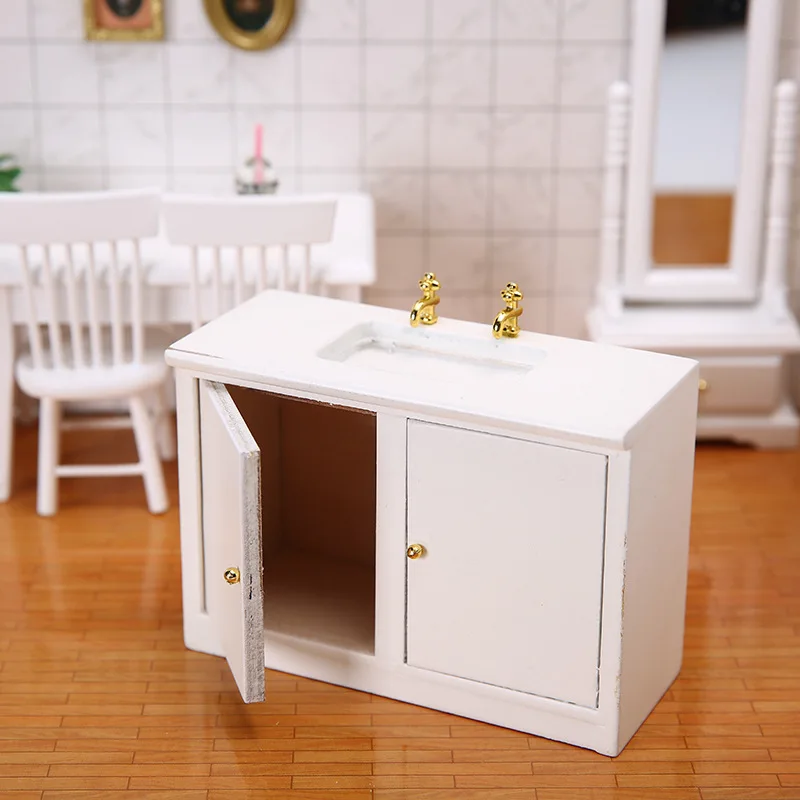 White 1:12 Scale Dollhouse Kitchen Sink Miniature Wood Dolls House Miniature Accessories Cabinet Furniture