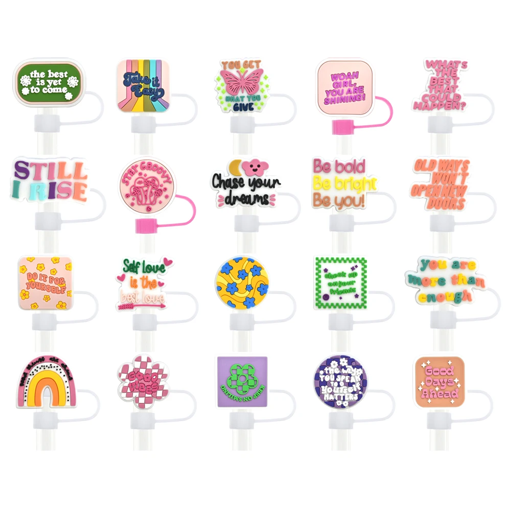 Wholesale Bulk PVC Bar Accessories 10mm Slogan Straw Topper Charms Straw Tips Cover Drinking Accessories for Tumblers Usage