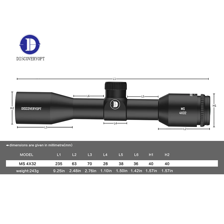 Discoveryopt New MS 4X32 Short 235mm Compact Scope 25.4mm Hunting Shooting Tactical SFP Scopes