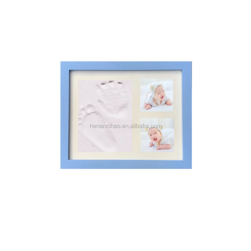 23*28cm New Born Baby Blue Wood Handprint Footprint Inkpad Clay Photo / Picture Frame Keepsake Kit