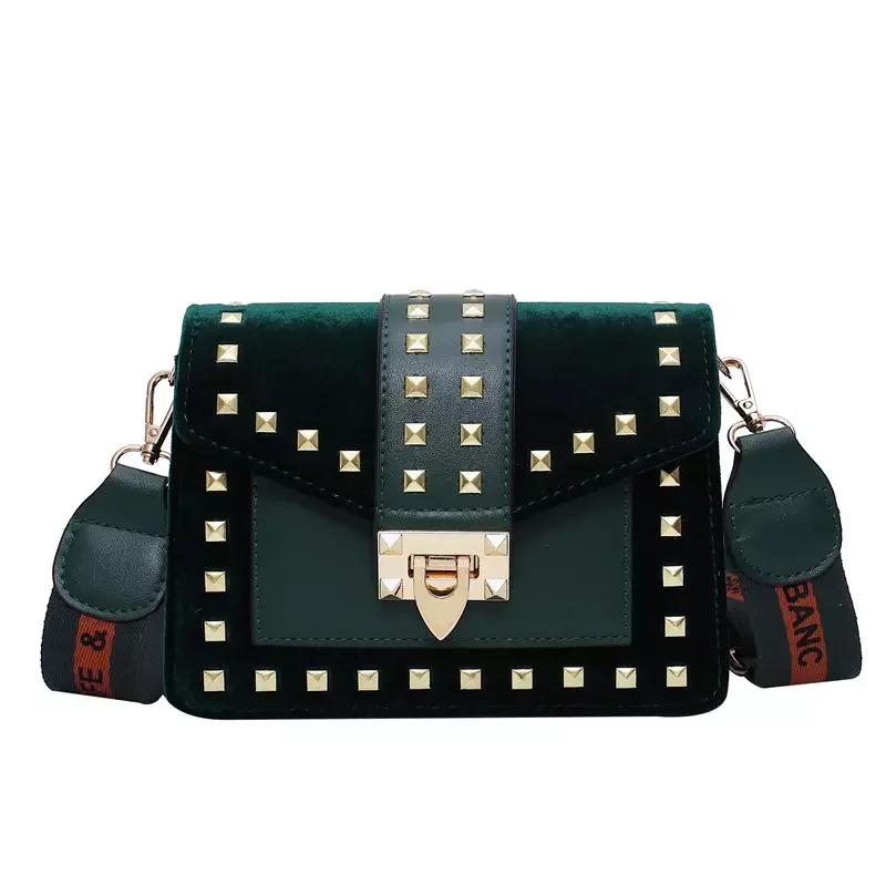 New Arrival Korean Rivet Versatile Crossbody Black Green Ladies PU Leather Women Bags Handbag Customized Shoulder Strap