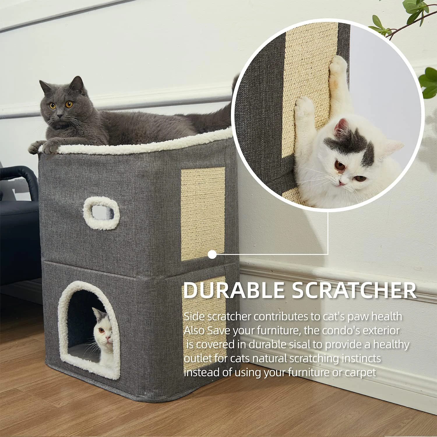 2-Storey Covered House Cat Beds & Furniture With Scratch Pad Hideaway Cave Cute Modern Condo For Multi Small Pet Large Kitten