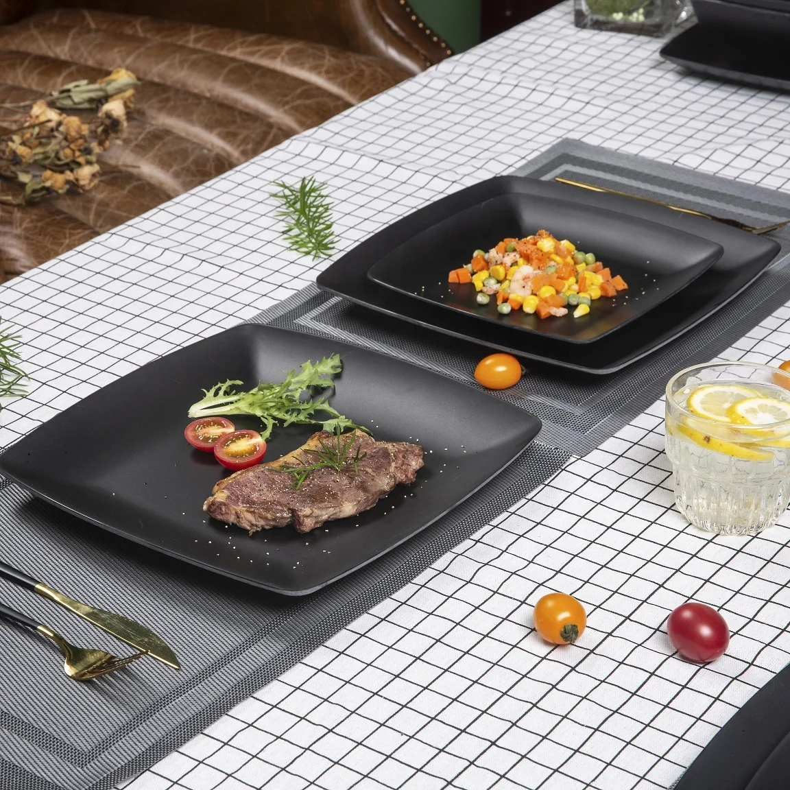 Wholesale Restaurant Square Black Japan Sushi Outdoor Food Grade Melamine Dinnerware Set Plates And Bowls Set For 4