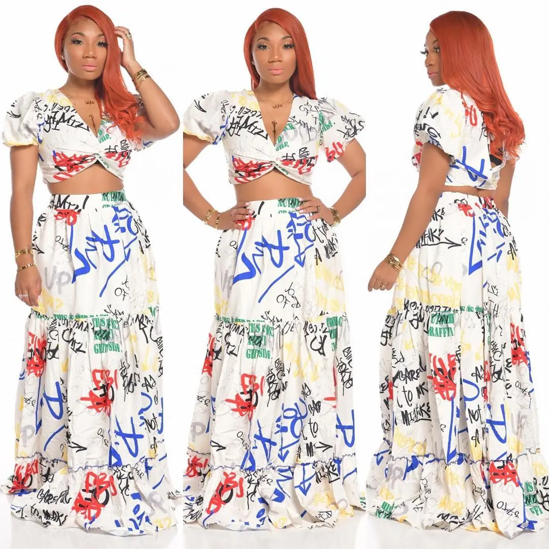 
2021 New Fashion Graffiti V-Neck Printing 2 Piece Set Women Dress Two Piece Dress Set 