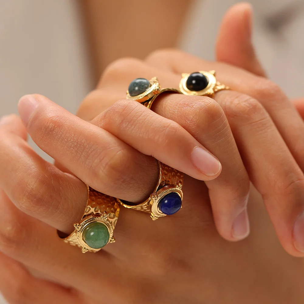 Fashion Natural Agate Red Gemstone Water Diamond Hammer Adjustable Stainless Steel Ring For Women