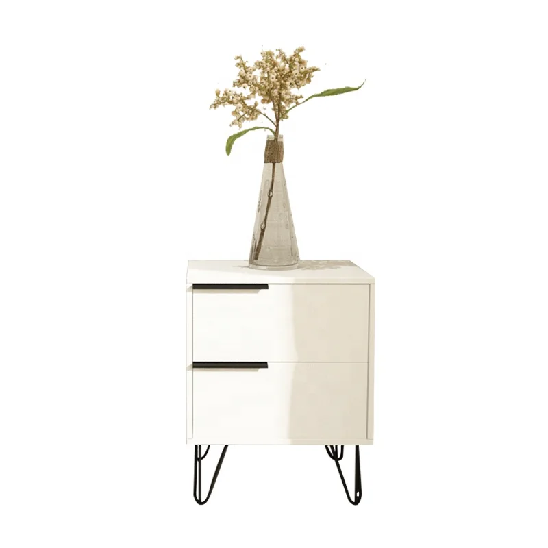 Modern Bedroom Furniture Contemporary Nightstand White Wooden Night Stand Bedside Table With Iron Foot