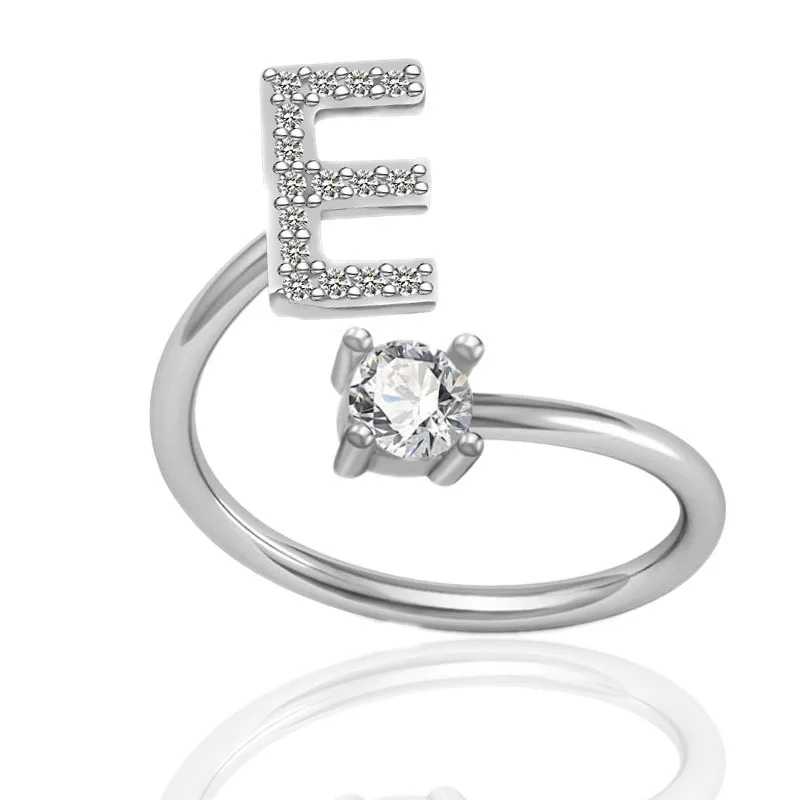 New A Z Letter Adjustable Gold Rings Women Silver Zircon Initial Ring Women Jewelry Creative Opening Diamond Initial Rings