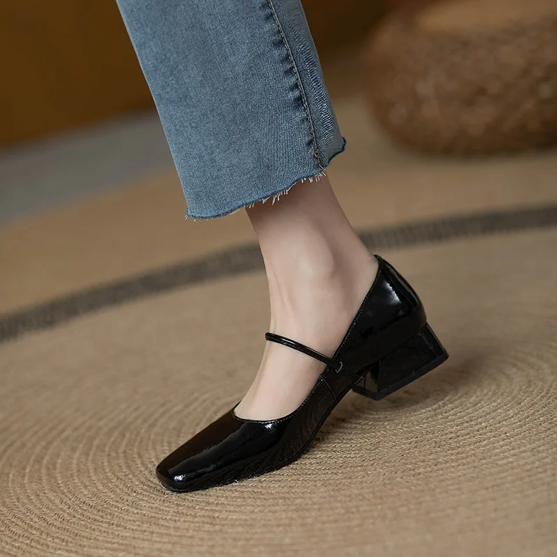New Strap Women Pumps Spring Shoes Square Toe Thick Block Heels Girls Mary Jane Shoes
