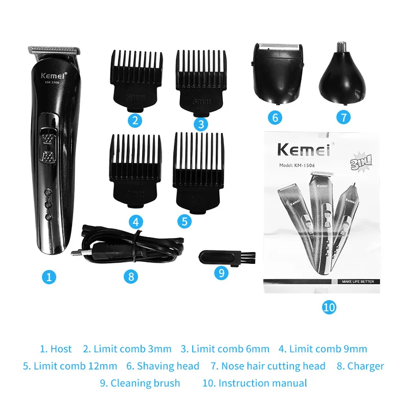 Kemei 3 in 1 Electric Shaver Hairtrimmer Electric Rechargeable Nose Professional Shaving Machine KM-1506
