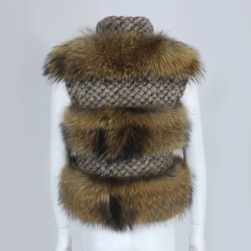 2021 New Fashion Stand-up Collar Real Fur Coat Vest Winter Jacket Women Natural Raccoon Fur Wool Weave Coat Outerwear Streetwear