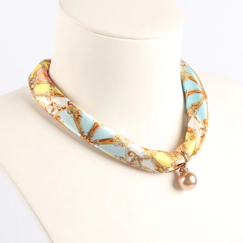 RTS Korean style printed silk scarf magnetic button necklace silk designer scarf lazy clavicle pendant silk square scarf women