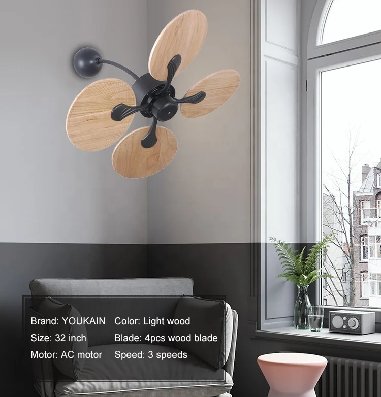 Luxury palm leaf design wall fan 4 pcs solid wooden blades fan energy saving ceiling fan with remote control