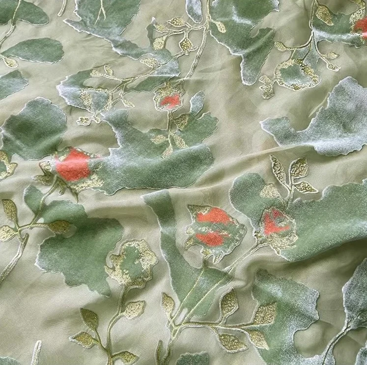 100% Mulberry Silk 10mm Back Ground Viscose Burn Out Printed Chinese Velvet Fabric Manufacturer Nice Looking Designs