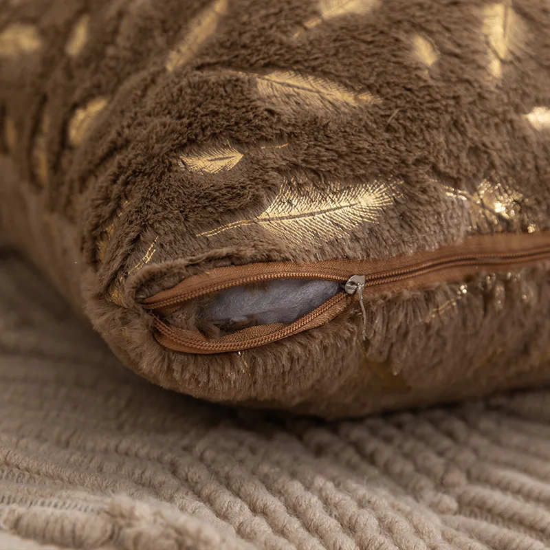 Decorative Throw Pillow Covers Plush Faux Fur with Gold Feathers Gilding Leaves Soft Fuzzy Cute Pillowcase for Couch Sofa Bed