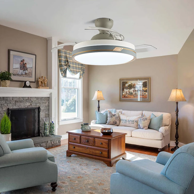 42 Inch Modern LED Ceiling Fan Light Retractable Blades 3 Color Change 6 Speeds Chandelier Remote Control