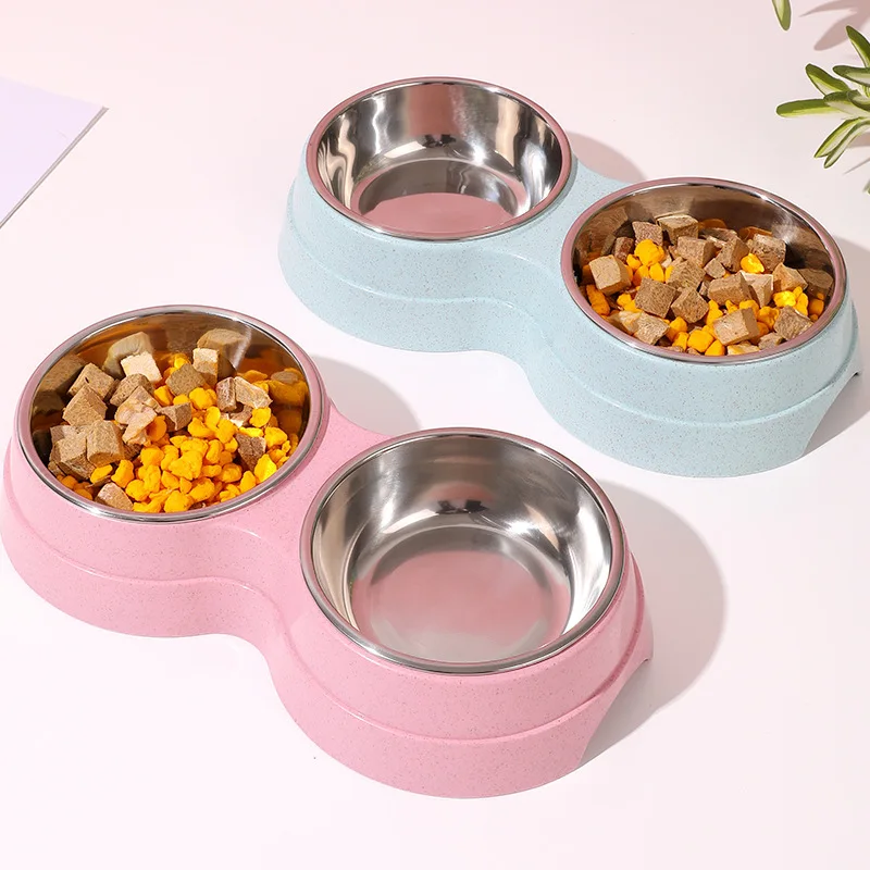 Wholesale Plastic Dog Rice Bowl Basin Cat Feeder Pet Drinking Water Stainless Double Dog Food Bowl For Eating With Stand