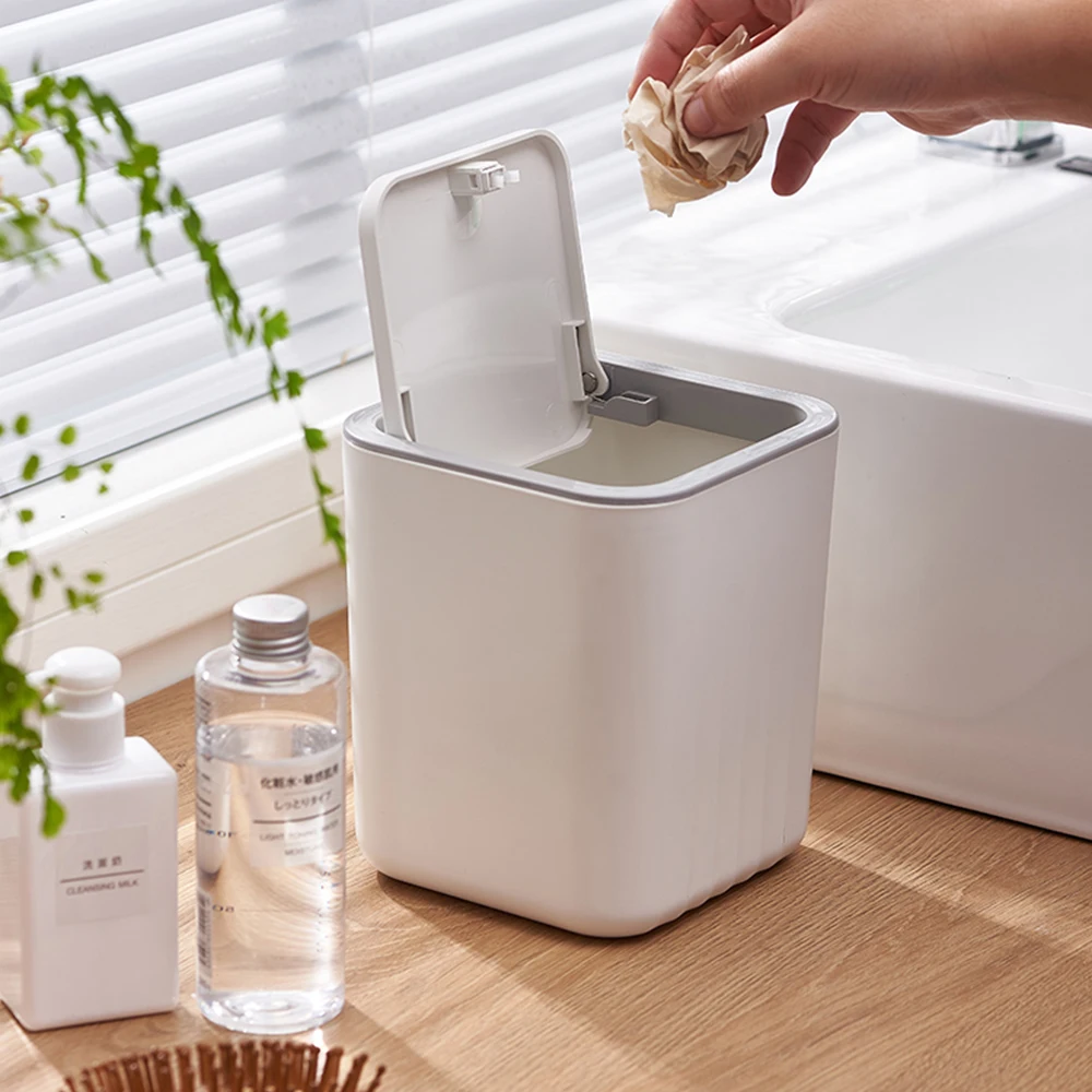 Mini Trash  with Lid Small Can Desk Can Garbage Tiny Waste Basket White