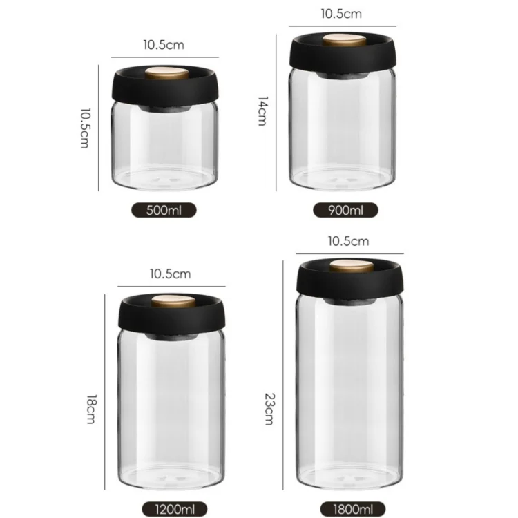 High Borosilicate Round Glass Storage Jars Coffee Beans Sealing Canister with Press Vacuum Sealed Black Lid