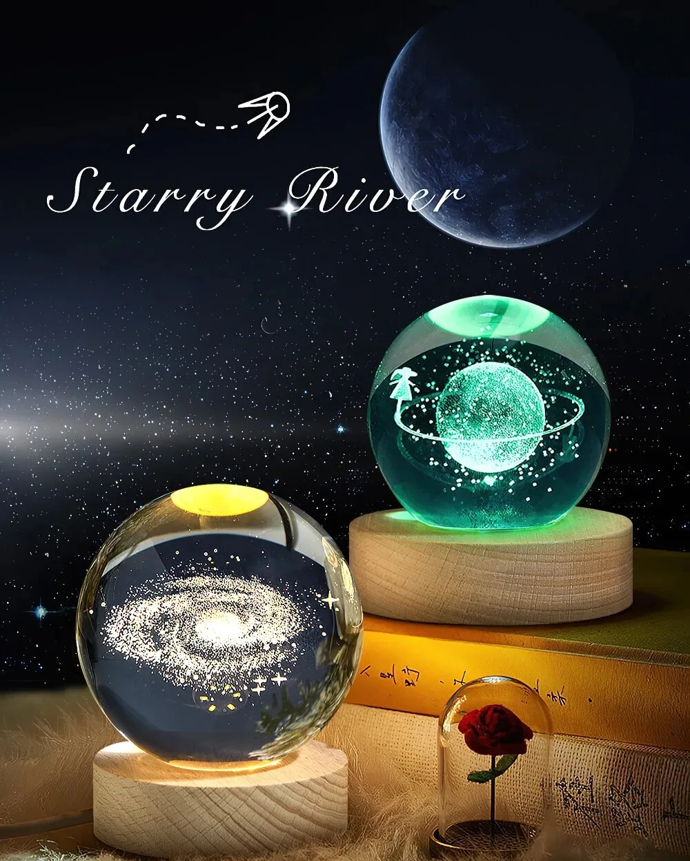 Wholesale Custom Wooden Base 3D Art Luminous Crystal Ball Decoration Solar System Led Night Lights Desktop Home Decor