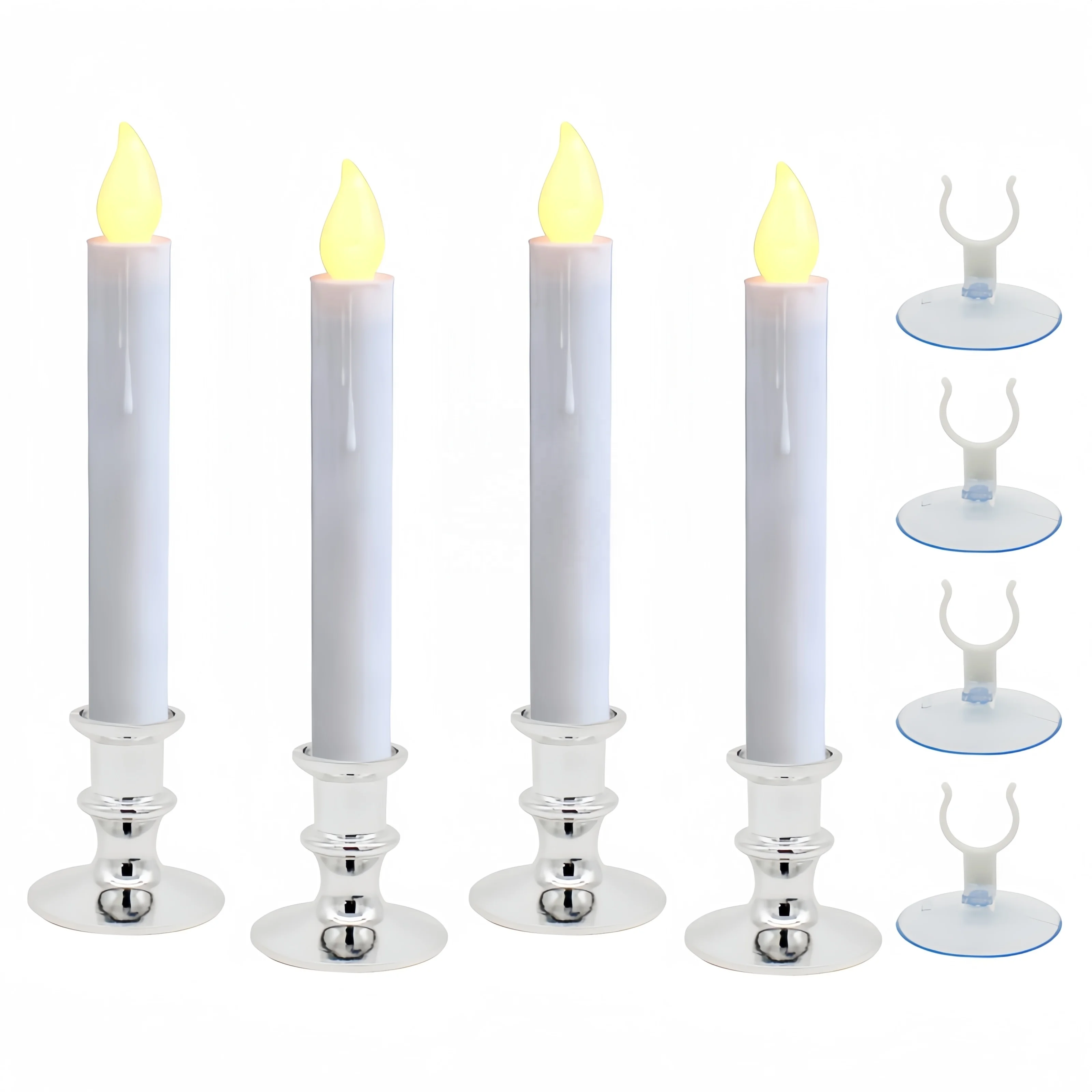 CVHOMEDECO. Window Candles with Suction Cups, Battery Operated LED Taper, Auto On/Off, Removable Silver Base,Warm Orange(4 Pack)