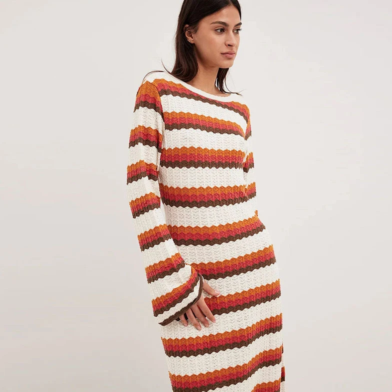 Summer Knitted Stripe Women Sexy Beach Maxi Dress Y2k Evening Party Flare Sleeve Bodycon Long sweater dress women clothing