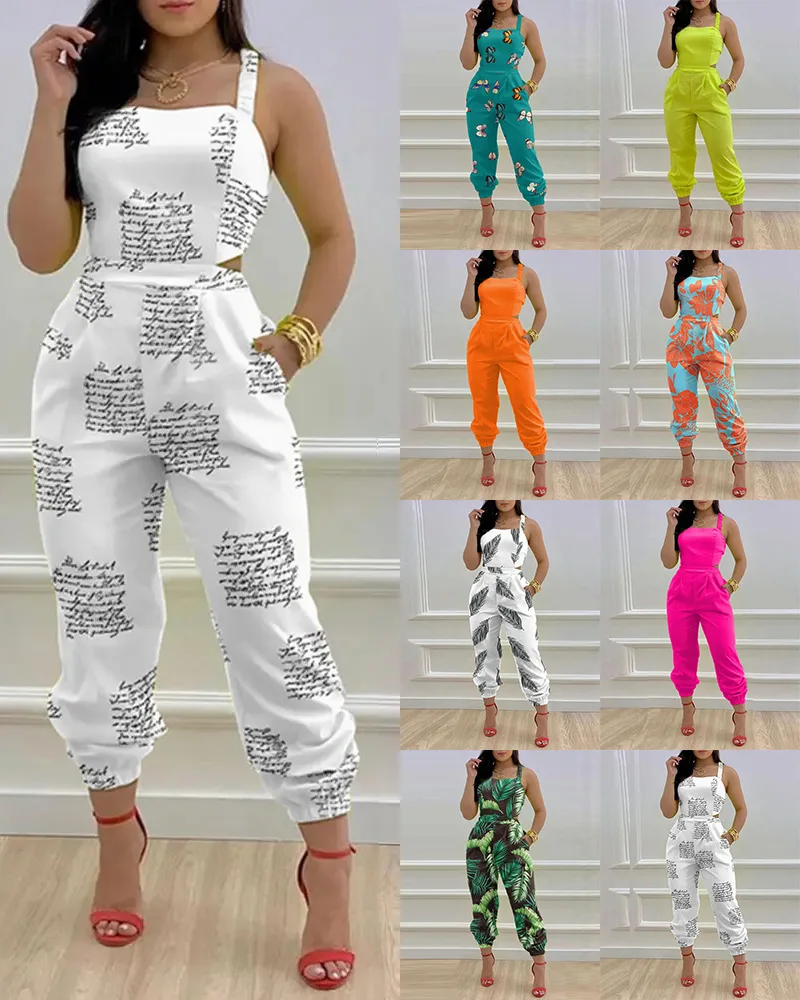 wholesale Trendy Backless Cami Jumpsuit for women ink splash print pant lady sling jumpsuit