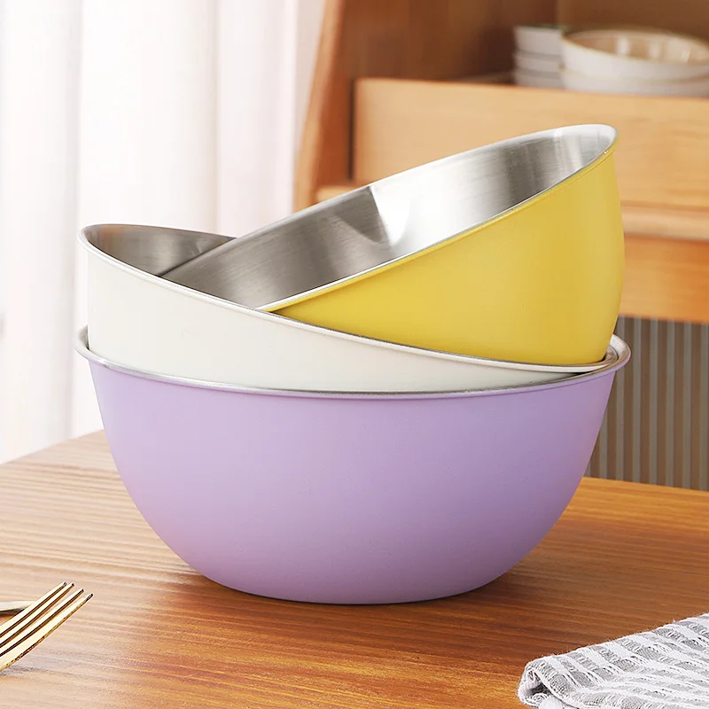 Korean Stainless Steel Colorful Salad Mixing Bowl With Scale Washing Basket Kitchen Baking Cake Batter Salad Basin Set