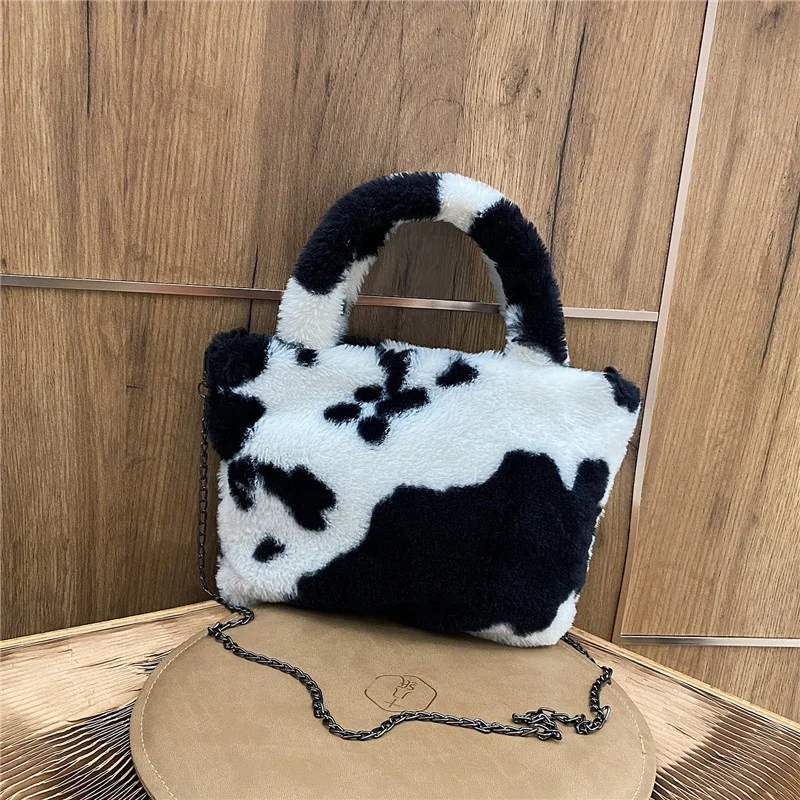 Cow printing small fuzzy tote bags for girls like soft cloud furry purses and handbags with chains fur women hand bags