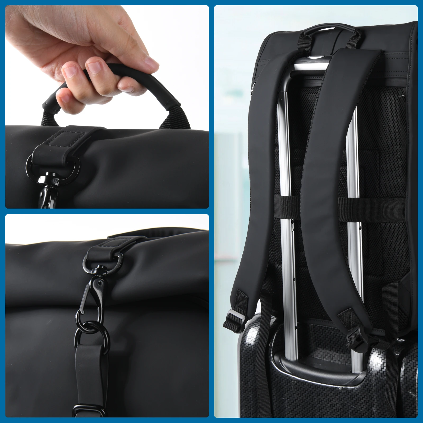 waterproof Tuck Pack Expandable roll top backpack black nylon rolltop laptop backpacks school bags unisex custom logo leather