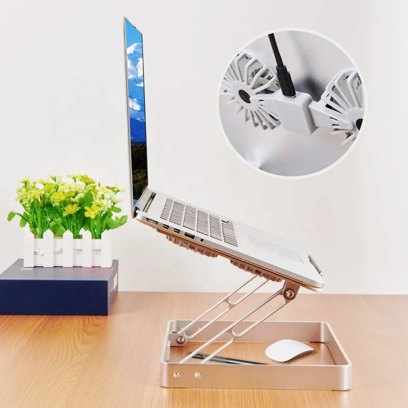 Universal Adjustable Bracket Vertical Laptop Stand With Multifunctional Storage And 2 Cooling Fans Foldable Aluminium Holder