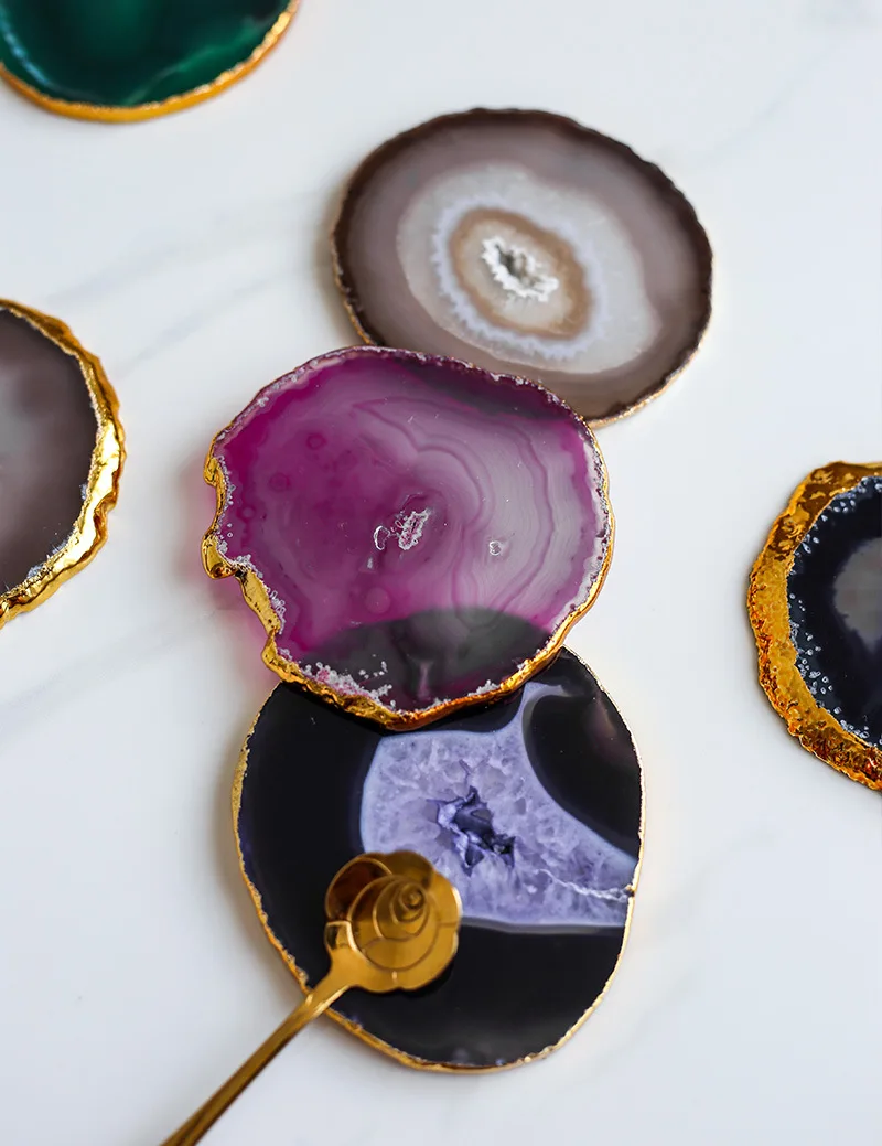 Colorful Natural Agate Coasters Wholesale Crystal Coaster With Gold Coated