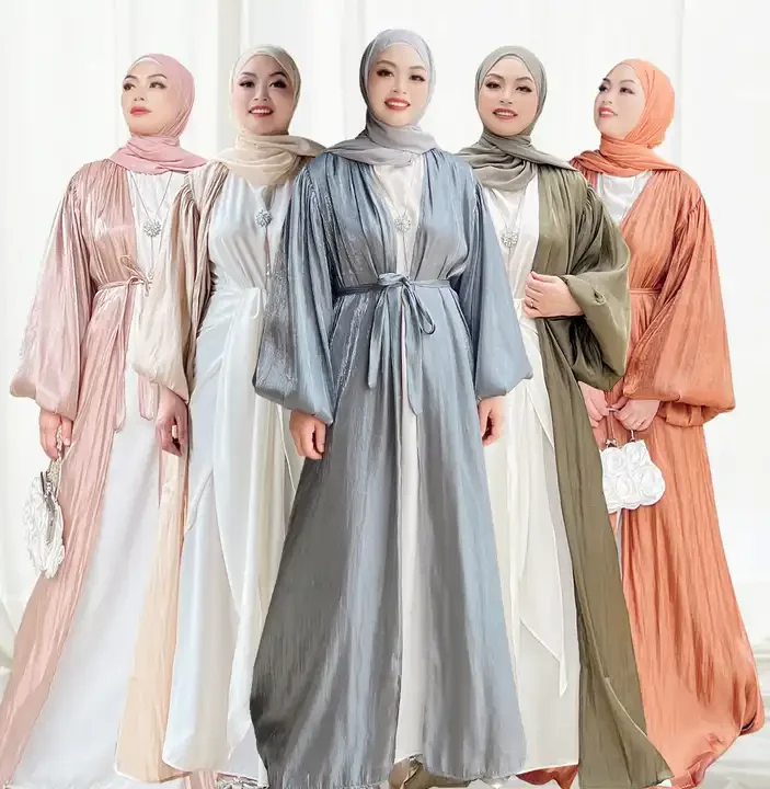 Middle east muslim women clothing shinny polyester see through spring  summer open abaya islamic dress