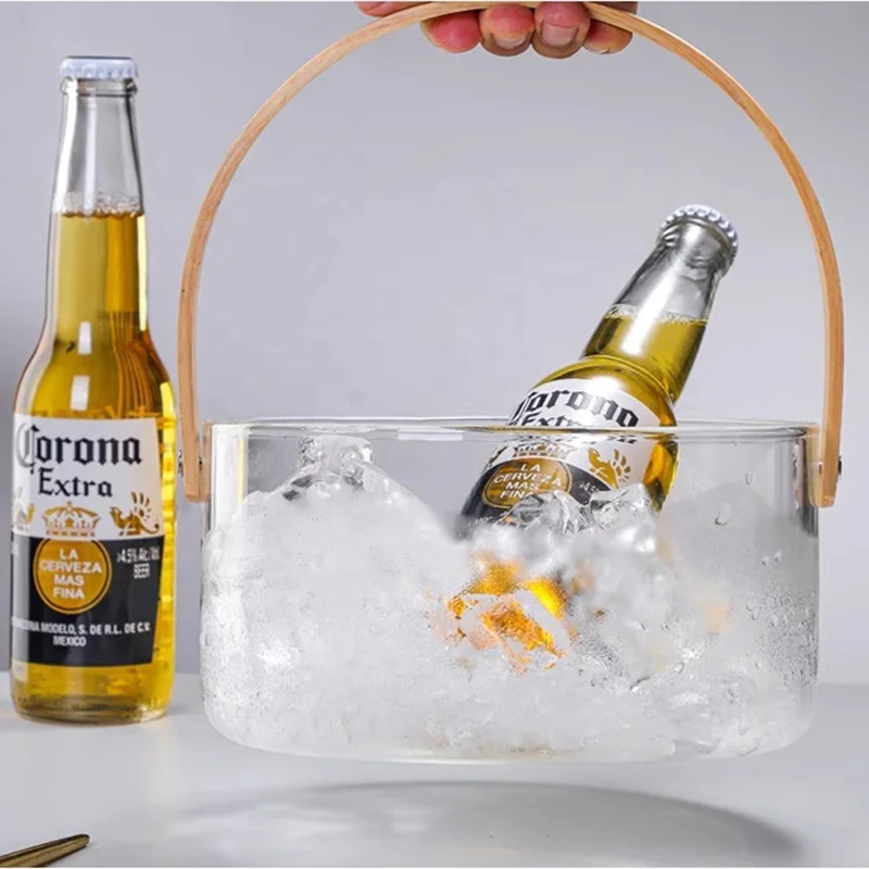 1.5L 2.5L Luxury Ice Bucket for Parties, Clear Glass Buckets Bamboo Handle, Bar Accessories for Beer Cocktail Wine Champagne