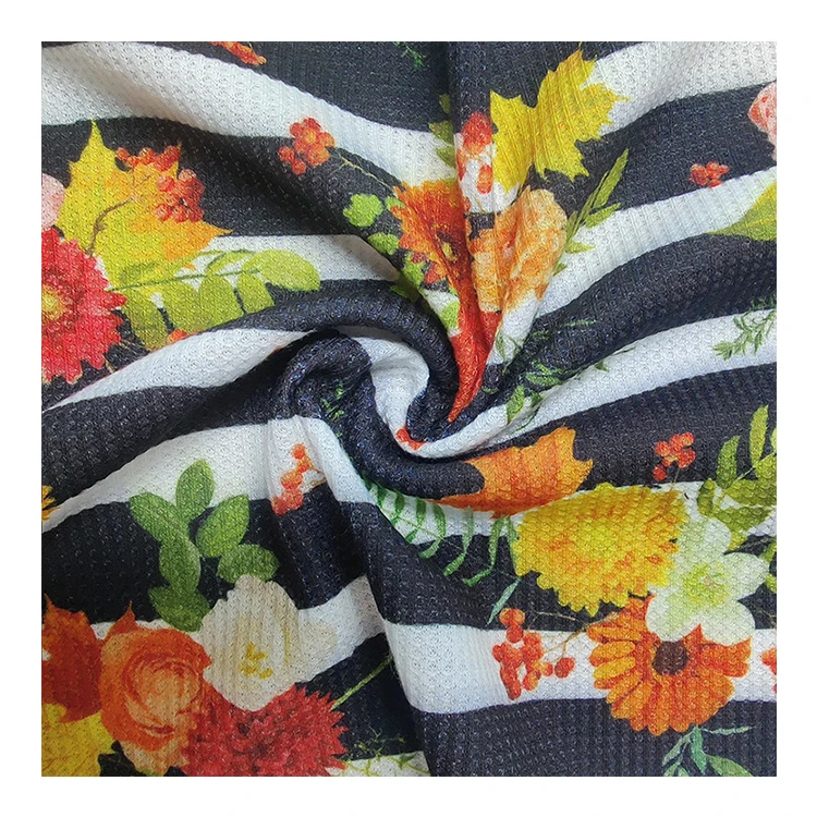 waffle fabric custom printing white stripes between blue floral knit fabric
