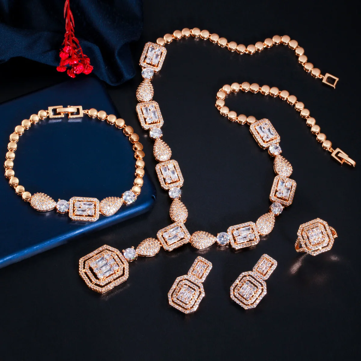 Luxury Dubai Bridal Jewelry Set Full Jewelry Sets Cz Crystal Bridal Zirconia Brass Vintage Wedding Party for Women White Zircon