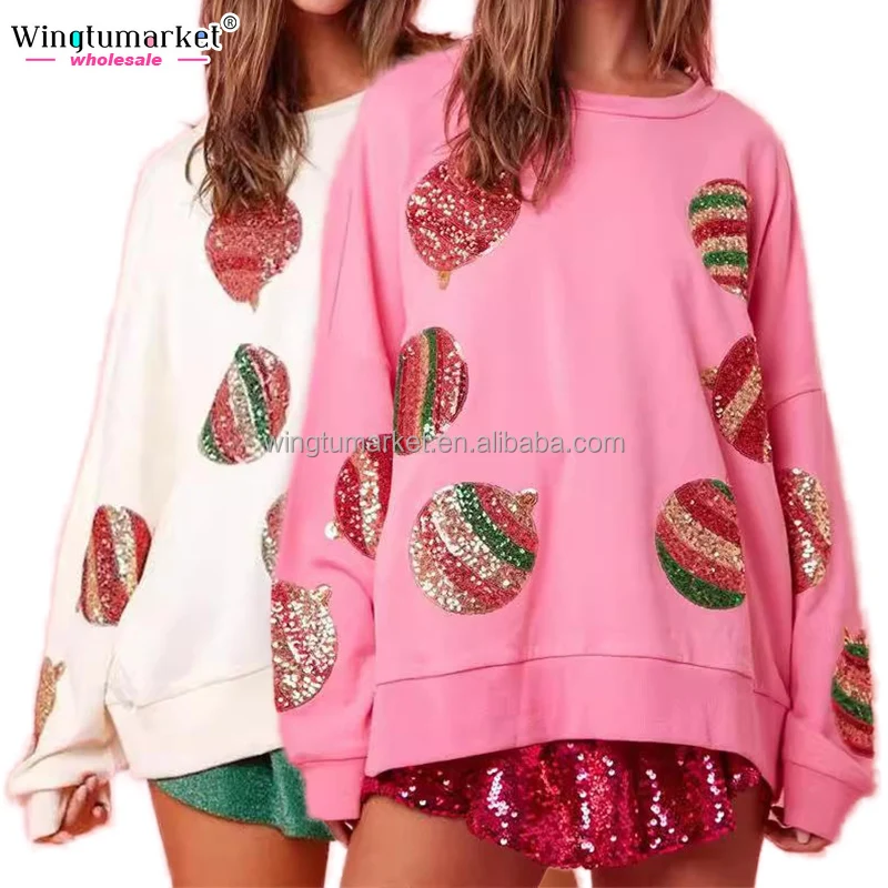 Wholesale autumn loose casual top long sleeve crew neck pullover christmas egg sequins spangle ribbed elegant women sweatshirt