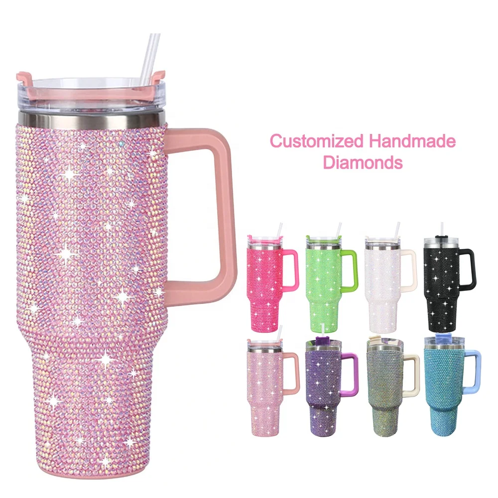 Beauchy 40oz Custom Artifical Diamond Vacuum Drinking Tumbler Double Wall Insulated Beer Mug Water Bottle With Handle Straw
