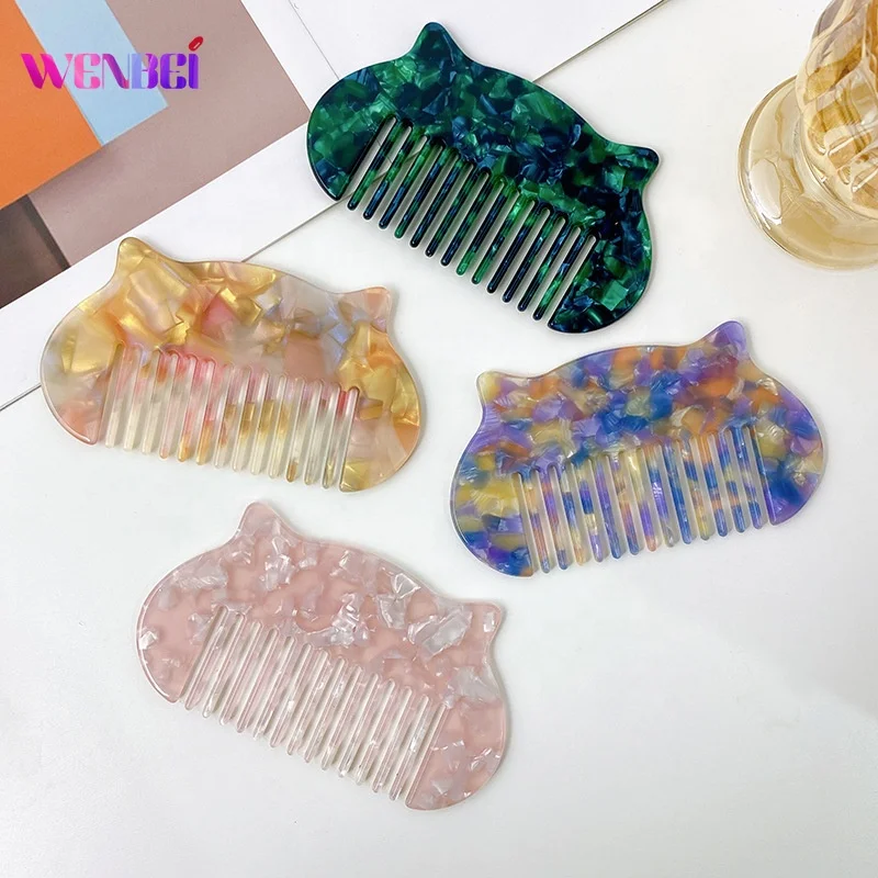 10CM Korean Cartoon Wide Tooth Hair Combs Girly Style Color Portable Marble Cellulose Acetate Hair Comb