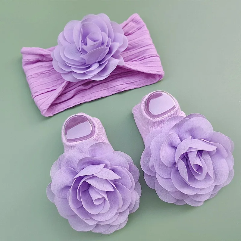 Sweet Baby Gift Solid Color Elastic Nylon Newborn Kids Baby Girl Infant Pink Big Bow Cotton Socks And Chiffon Headband Set