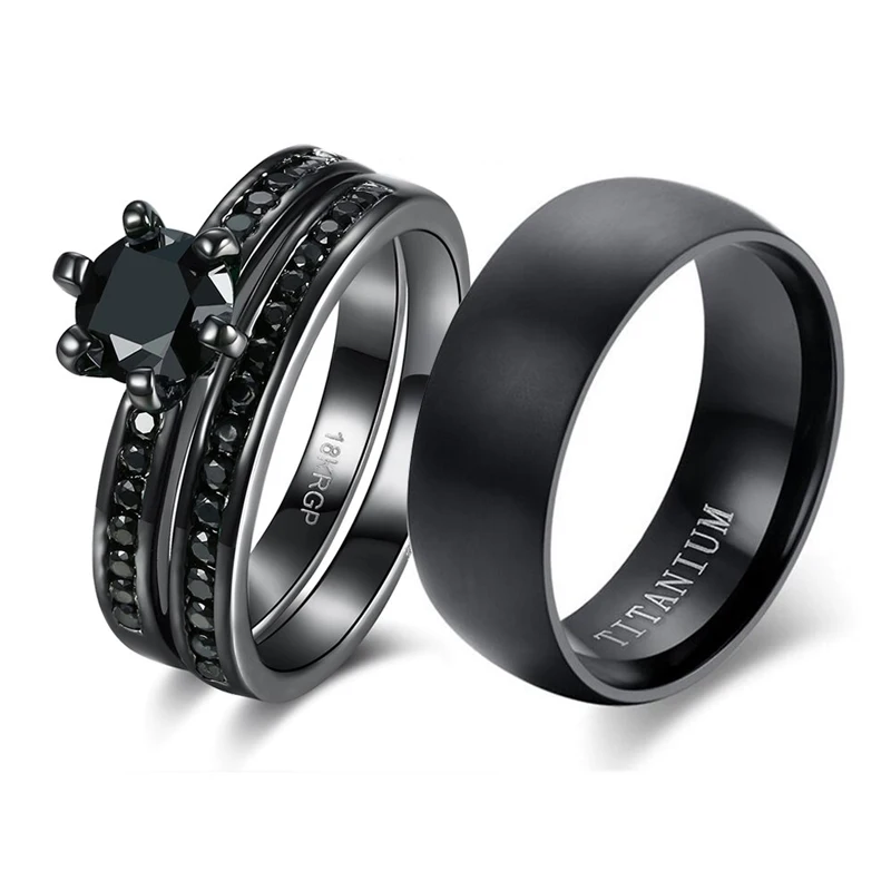 Couple Ring Bridal Sets His Hers Women 18k Black Gold Plated Cz Men Titanium Wedding Ring Band Set