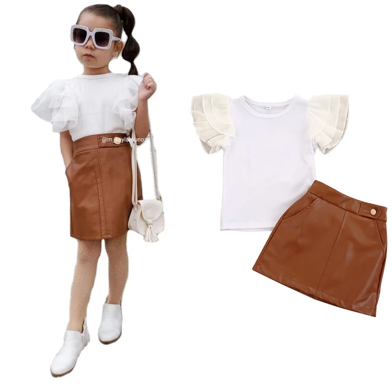 Fashion Two Piece Short Sleeve Tops + PU Skirt Baby Girls Summer Casual Children Clothes Suit Kids Outfits Set Clothing For 1-6Y