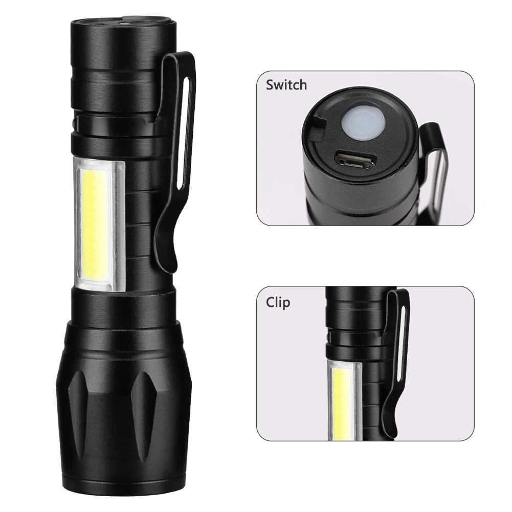 Portable LED Flashlight COB+XPE Tactical Torch Zoomable Focus Flashlights 3 Modes Waterproof Work Light Emergency Lanterna