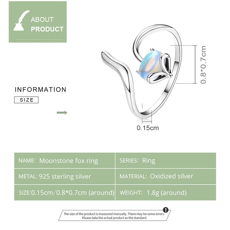 Qings Wholesale Dainty Adjustable Natural 925 Sterling Silver Fox Moonstone Ring