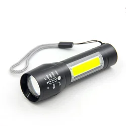 USB Charging Powerful Flashlight XPE COB LED Flash Light Zoomable Tactical Torch Lamp+Battery+Box