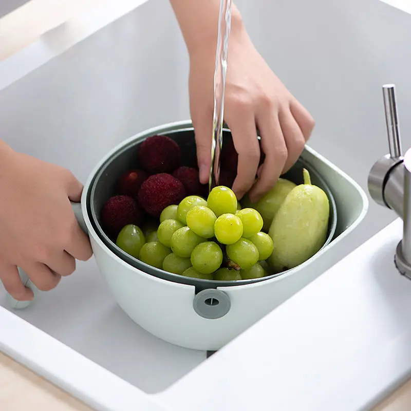 Wholesale 2 In 1 Double Layer Cleaning Vegetable Fruit Washing Durable Kitchen Colander Plastic Drain Basket with Handle