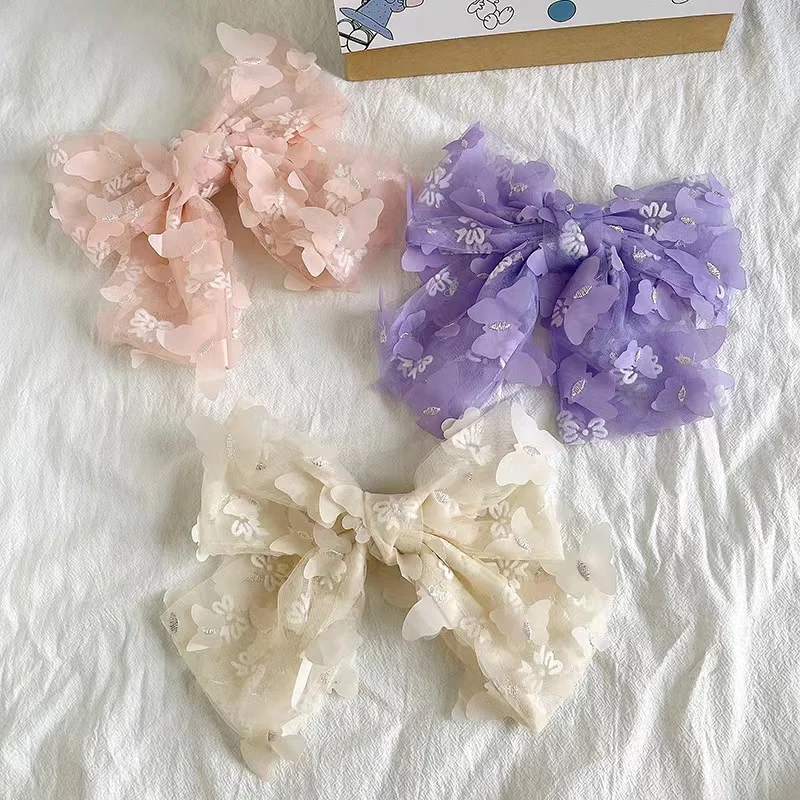 Q&Y Korean INS Spring Summer Girl Solid Color Hairpin Large Double Layer Bow Butterfly Flowers Lace Mesh Barrettes Hair Clip